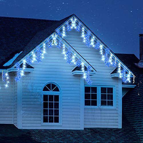 Christmas Lights 320 LED 11m/36ft Outdoor Christmas Lights Icicle Fairy Lights Plug in String Lights Outside Lights with Timer, Memory for Home/Christmas Decorations Blue & Cool White - White Cable 2