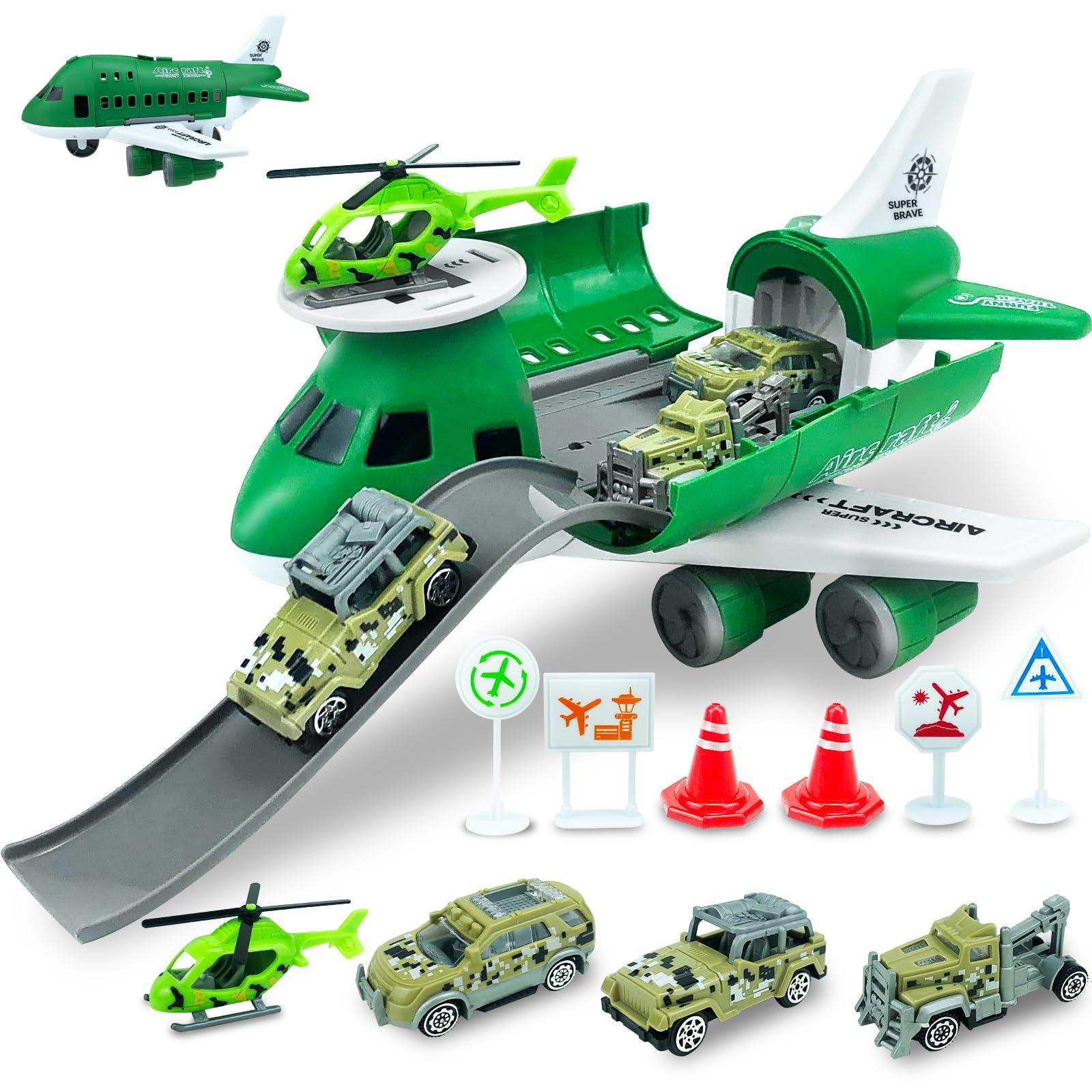 Plane Toy Transport Cargo Airplane Toys for 3 4 5 6 + Year Old Boys Girls,Kids Aircraft Playsets with 1 Helicopter & 3 Military Cars & 6 Road Signs 0