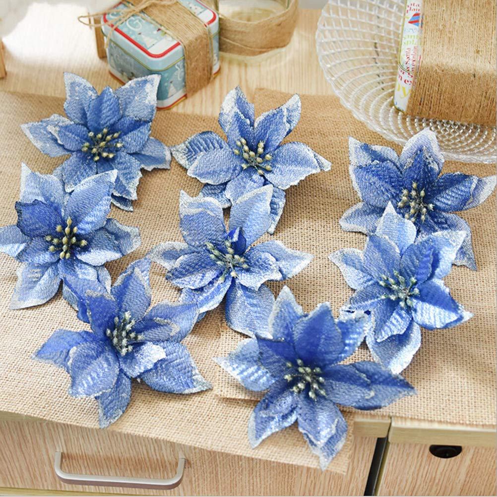 BESTOYARD 10pcs Christmas flowers artificial glitter wedding xmas tree wreaths decor ornament (Blue) 3