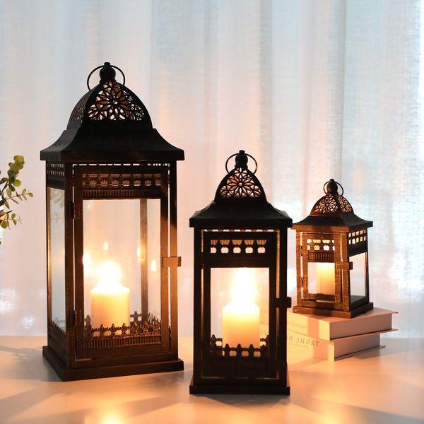 JHY DESIGN Candle Holders Set of 3 Decorative Candle Lanterns 51&37 &24 cm High Vintage Style Hanging Lantern Metal Candleholder for Indoor Outdoor Events Parities and Weddings(Black with Gold Brush) 1