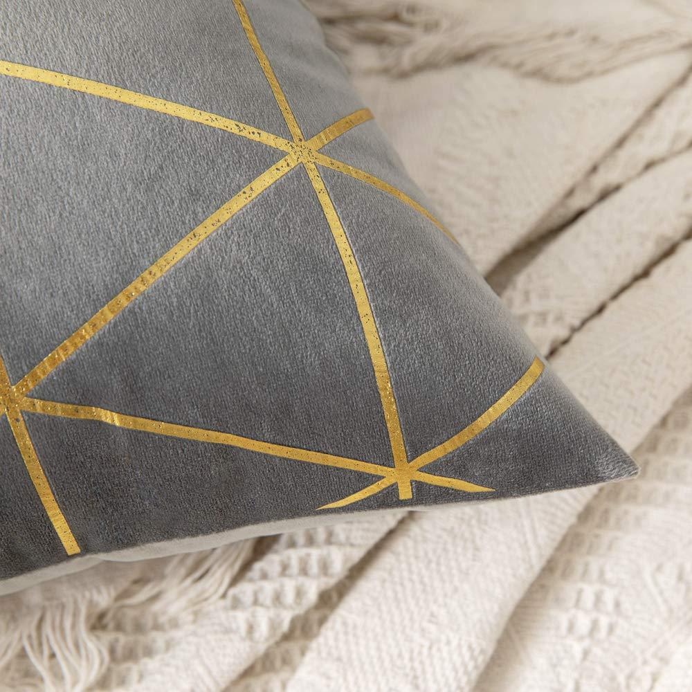 MIULEE Velvet Cushion Cover Gilded Throw Pillow Covers with Gold Lines Triangle Pattern Square Decorative Soft Home for Sofa Living Room Bedroom Grey 18 x 18 Inch 45 x 45 cm Pack of 2 1