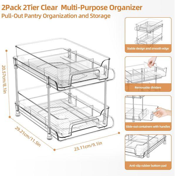 2 Tier Clear Under Sink Organizers Storage, Bathroom Organizer with Dividers, Bottom Sliding Basket Drawer, Undersink Kitchen Shelf Medicine Cabniet Storage Bins, 1