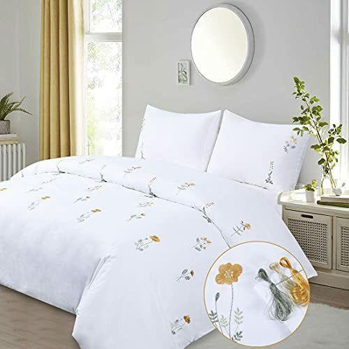 Floral Duvet Cover Set Double White Yellow Flower Embroidered Elegant Botanical Wildflower French Country Cottage Fresh Summer Blossom 3 Pieces 200x200 Girls Bedding Set 0