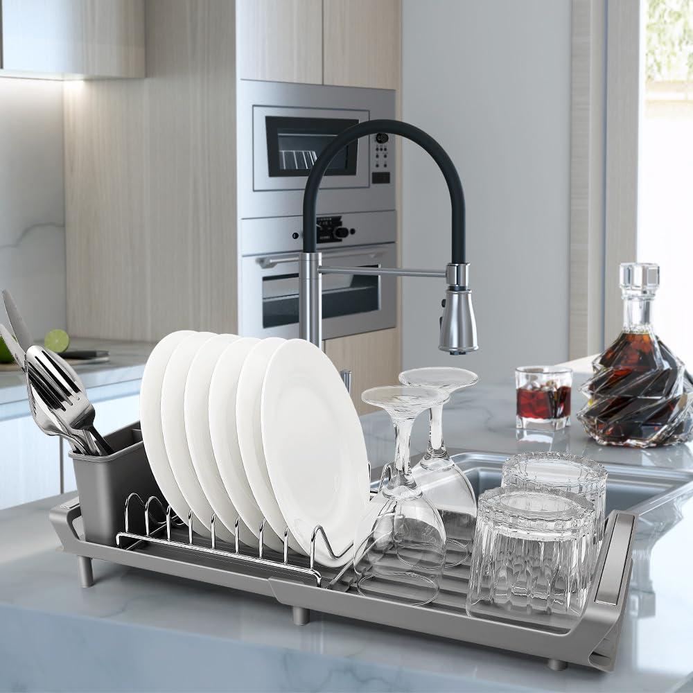 Bvcari Dish Drying Rack Extendable Dish Drainer Compact Dish Rack Ideal for Small Kitchens Includes Bonus Sink Caddy with Liquid Dispenser. 47cm by 19.8cm