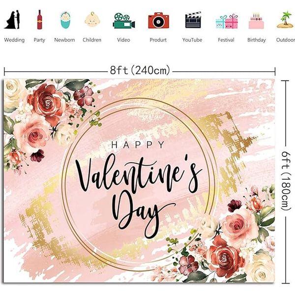 Happy Valentines Day Backdrop 8X6FT Valentine Day Backdrops for Photography,Watercolor Pink Flowers Sweet Love Theme Background Wedding Bridal Shower Party Decoration Banner Props 1