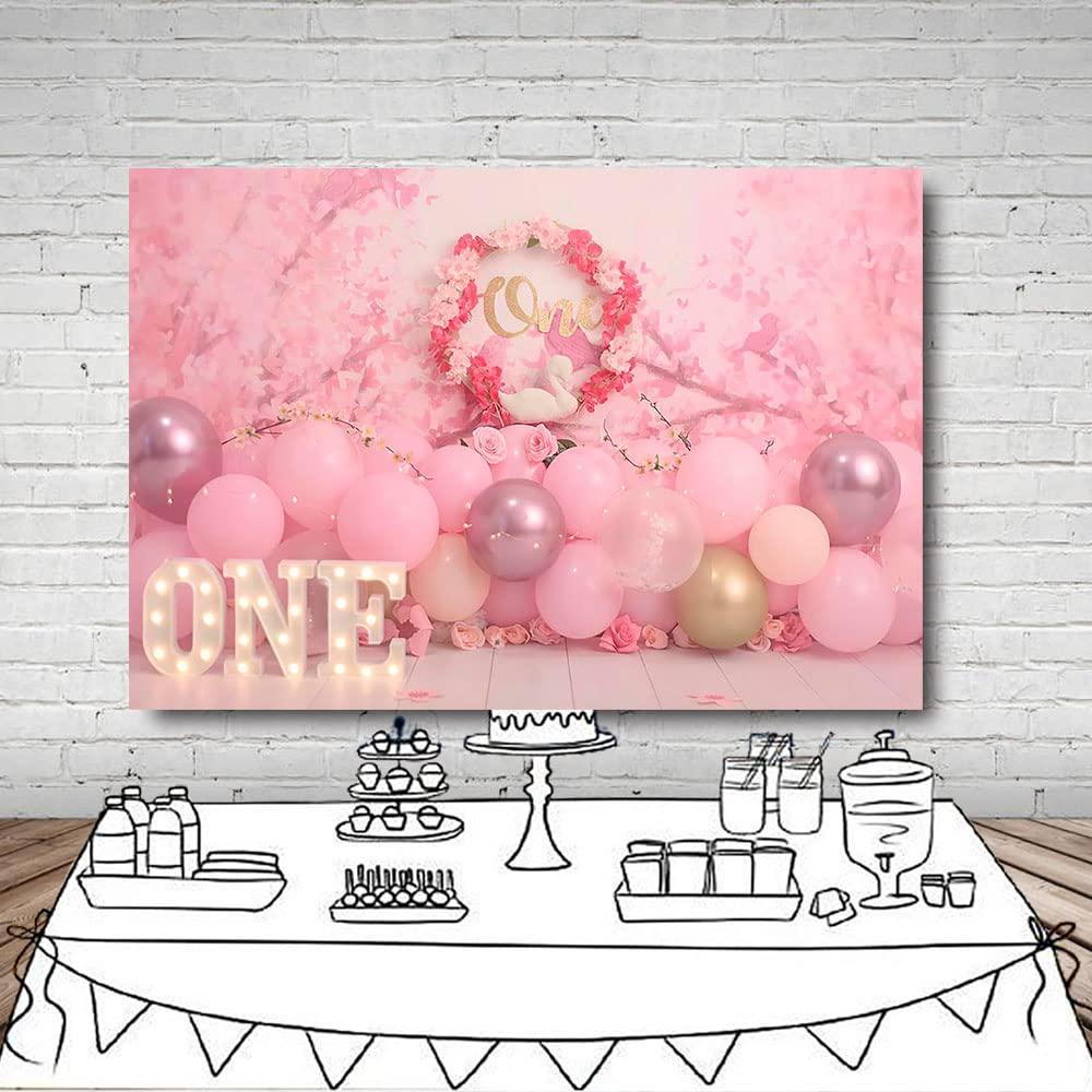 MEHOFOND 7x5ft Girl 1st Birthday Photography Background Pink Floral Balloons Kids Party Banner Decoration Supplies Retro Newborn Portrait Photo Backdrop Happy Birthday Photoshoot Studio Props 4