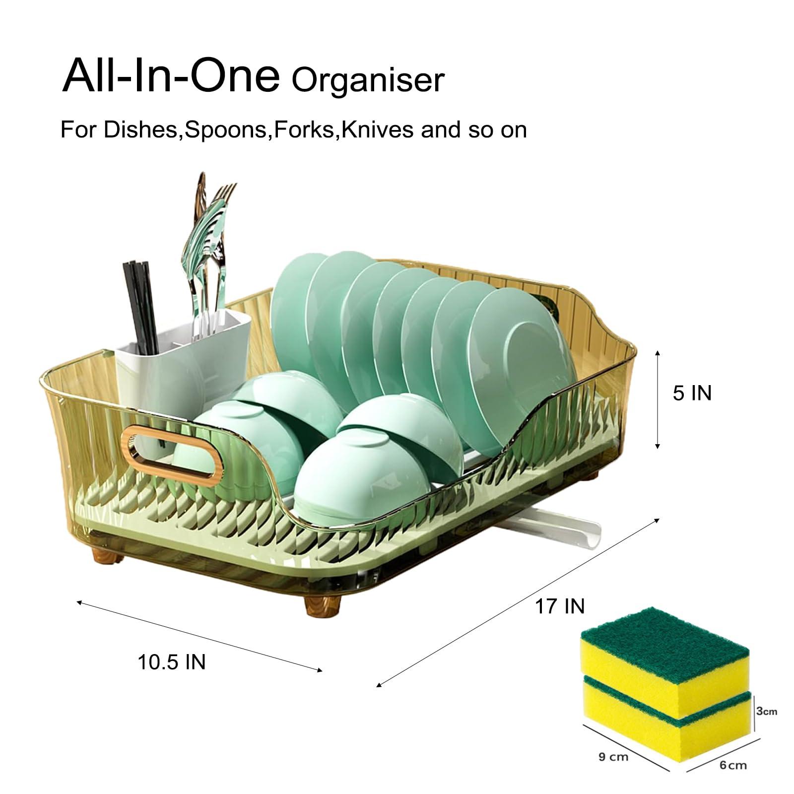 GlSAKE Kitchen Dish Drainer Rack With Removable Drip Tray Utensil Drying Holder Washing Up Drainer Rack Plate Organiser for Kitchen Cupboard (Green) 4
