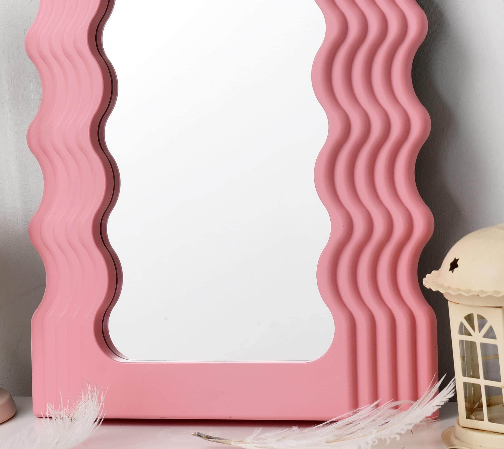 Funerom 40.6x25.4 cm Wavy Mirror Aesthetic Mirror Funky Mirror Squiggle Mirror Wave Mirror Rectangle Pink 4