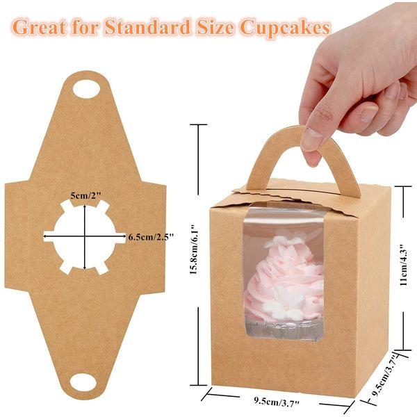 Gbateri 60 Pieces Individual Cupcake Boxes with Insert and Clear Window, Brown Kraft Single Cupcake Boxes Cupcake Carrier with Handle Cupcake Container Bakery Boxes Mini Cake Boxes Treat Gift Boxes 2