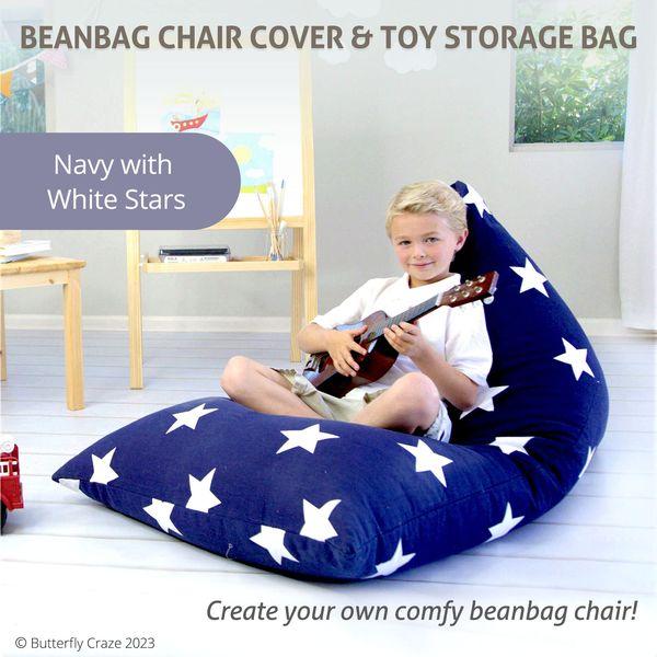 Butterfly Craze Bean Bag Chair Cover, Functional Toddler Toy Organizer, Fill with Stuffed Animals to Create a Jumbo, Comfy Floor Lounger for Boys or Girls, Stuffing Not Included, Navy Stars 1