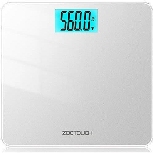 ZOETOUCH Max Capacity 560lbs Digital Bathroom Weighing Scales Body Weight with Extra Large Platform, 4.2inch Blue Backlit Display(Stone/kg/lb), Step-On for Instant Weight Reading & Comparison, Silver 0