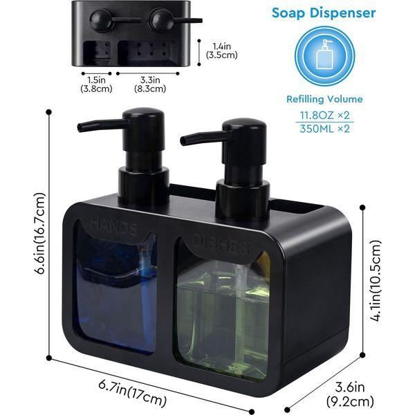 Soap Dispenser with Sponge Holder, Hukunfy Multi-Purpose Liquid Hand and Dish Soap Dispensers Set for Kitchen Sink, 350ml Bottles Capacity with Brush Storage & 2 Pack Pump Replacement (Black) 1