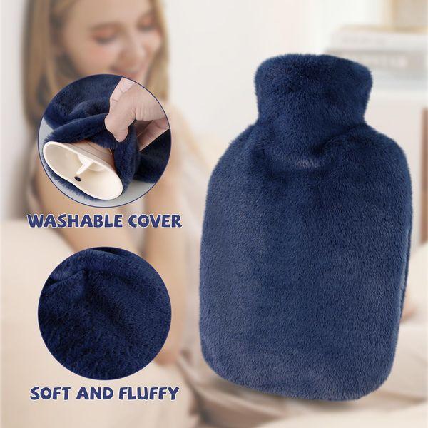 2pcs Hot Water Bottles 2L Large Hot Water Bottle with Cover, Fluffy Hot Water Bag Hand Feet Warmers with Pocket for Neck and Shoulder Pain Relief (Dark Grey & Dark Blue) 1