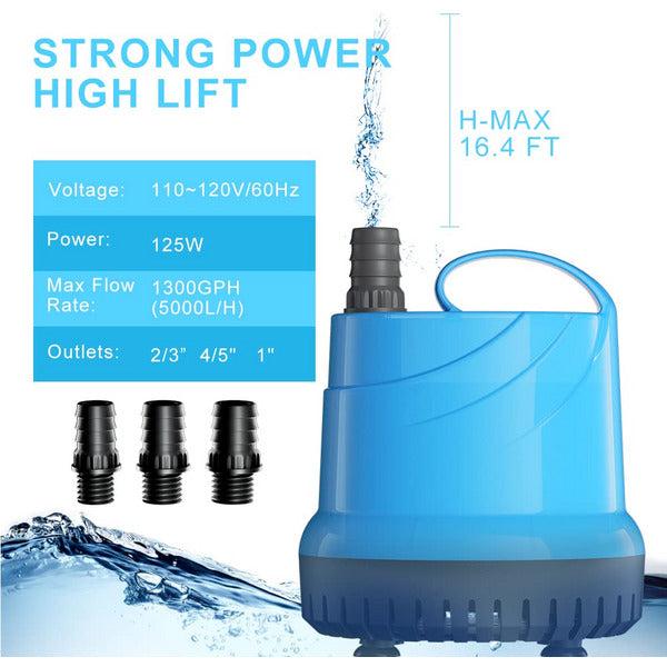 5000L/H Submersible Water Pump for Pool Pond,1300GPH Ultra Quiet Water Pump with 16.4ft. High Lift, 125W Fountain Pump 3 Hose Adapter for Fish Tank, Pond, Aquarium, Statuary, Hydroponics, Hottub 3