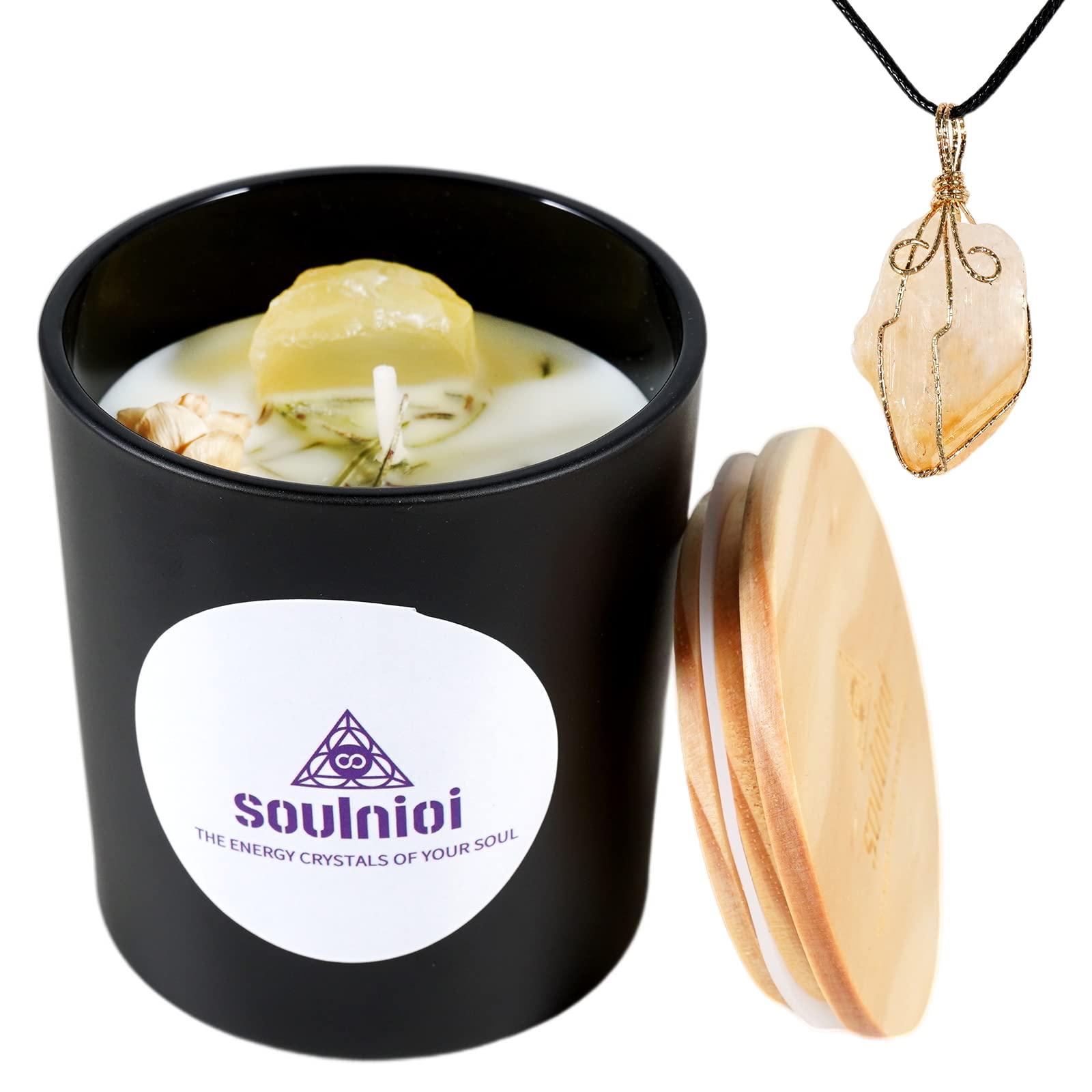 Soulnioi Scented Candle Set Black Cup Soy Wax Aromatherapy Candle with Crystal and Dry Flower Gardenia Fragrance and Citrine Crystal Pendant Necklace of Stress Realxtion for Wedding Birthday Gift