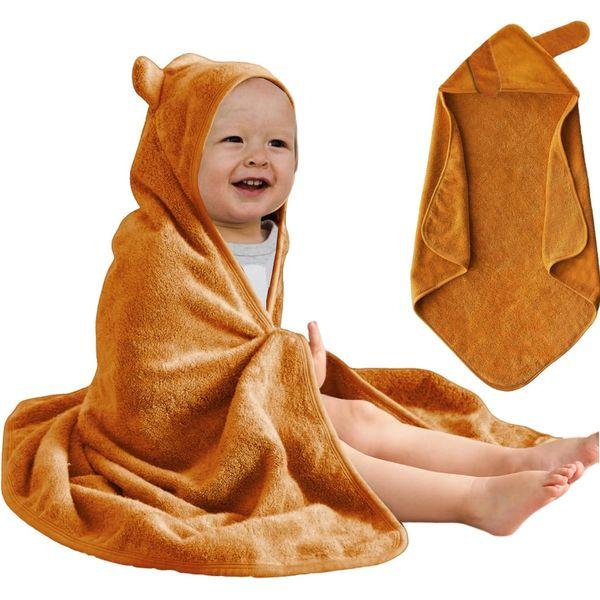 STOFIA Baby Towel with Hood Organic Bamboo and Cotton Soft Absorbent and Thick Bath Hooded Towel Giftable for Newborn and Toddler Boy and Girl (Ochre Yellow)