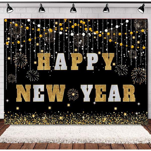 INRUI Happy New Year Backdrop Black and Gold Photography for New Year Eve Party 2024 Golden Glitter Firework New Year Party Decoration (8x6FT)