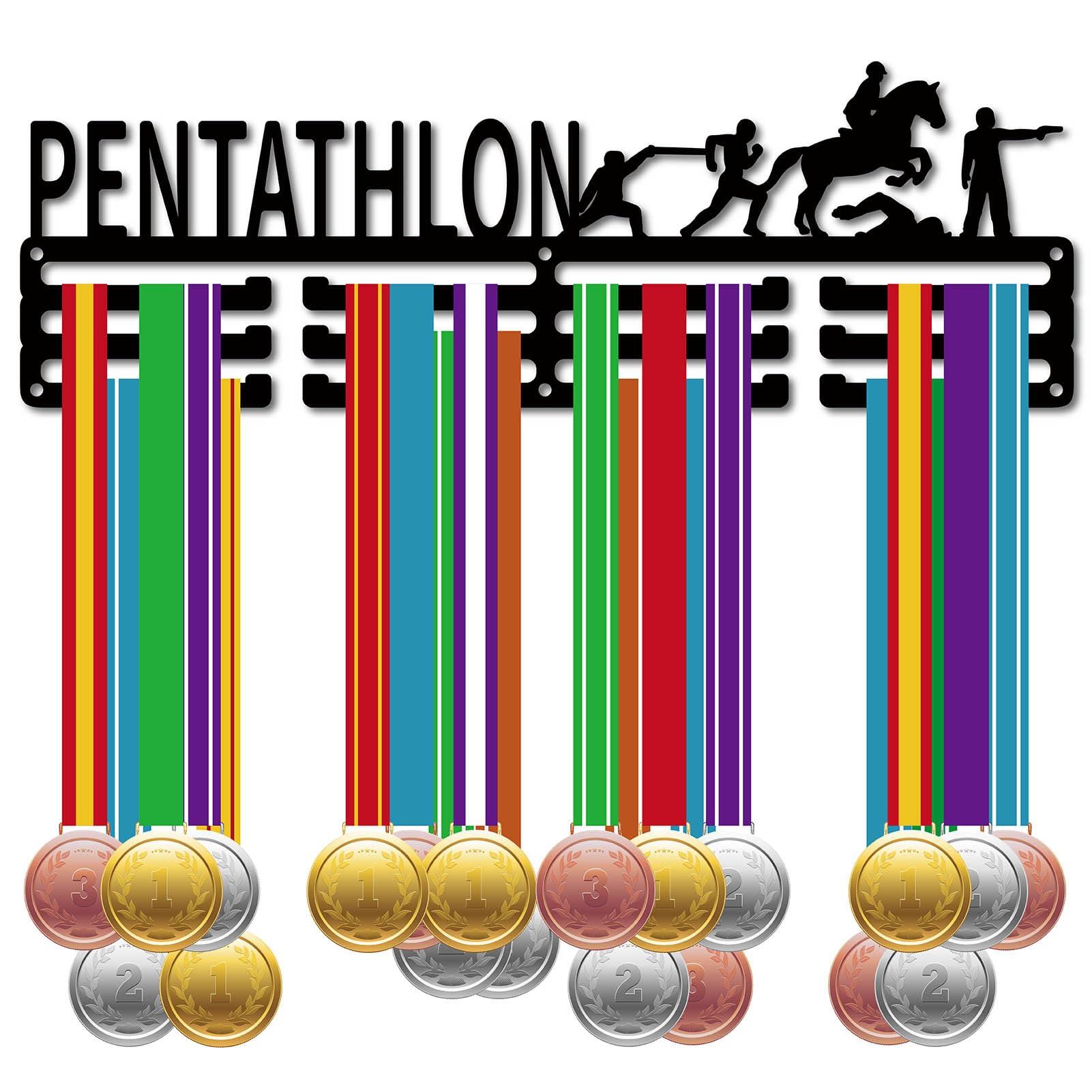 CREATCABIN Pentathon Medal Holder Hanger Medal Rack Organizer Metal Iron Shelf Medal Holder Stand Frame Hanging Wall Mounted with 20 Hook for Athletes Gold Silver Bronze Medalist Race Black 15.7x5Inch 0