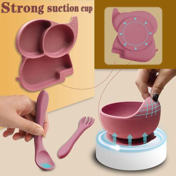 Hoseay Baby Weaning Set, 6 Pcs Silicone Baby Feeding Set with Suction Bowl Plate Fork Spoon Cup Bib Baby Led Weaning Feeding Supplies for Toddlers Babies Kids, Pink Elephant 2