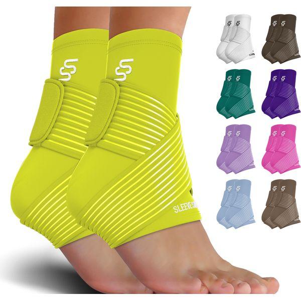 Sleeve Stars Ankle Brace for Sprained Ankle, Plantar Fasciitis Relief Achilles Tendonitis Brace, Ankle Support for Women & Men w/Strap, Heel Protector Wrap for Pain & Compression (Pair/Neon Green)