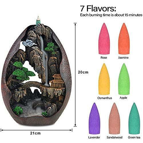 Ronlap Backflow Incense Burner, Rockery Waterfall Smoke Incense Holder with 120 Upgraded Incense Cones+30 Incense Sticks+1 Tweezer+1 Mat, for Aromatherapy Meditation Home Decorations 1