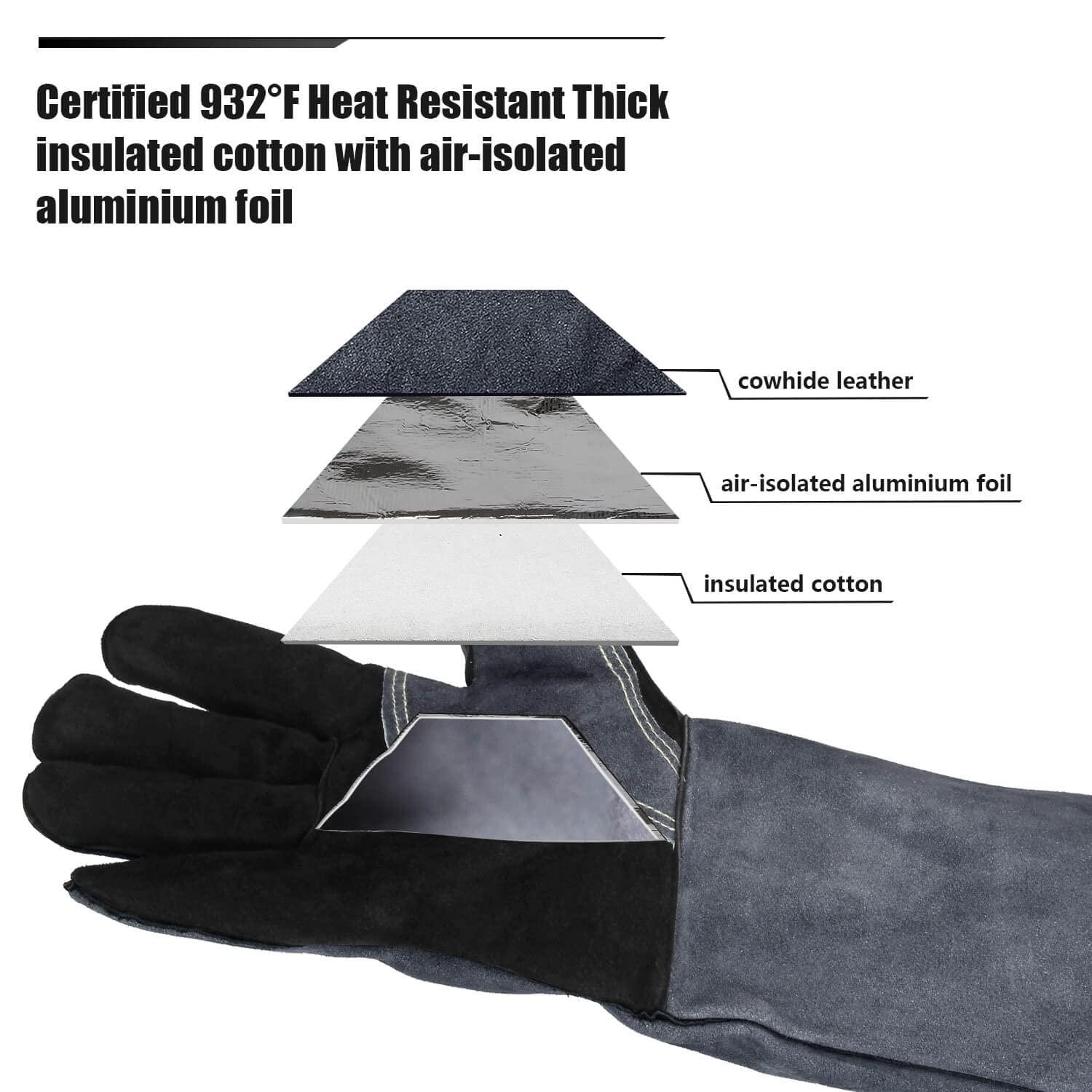 OZERO 932°F Heat Resistant Welding Gloves 16 inches Cowhide Leather - Long Sleeve and Insulated Lining BBQ Glove for Tig Welder/Mig/Grill/Barbecue/Green Egg/Stove Black-gray 1