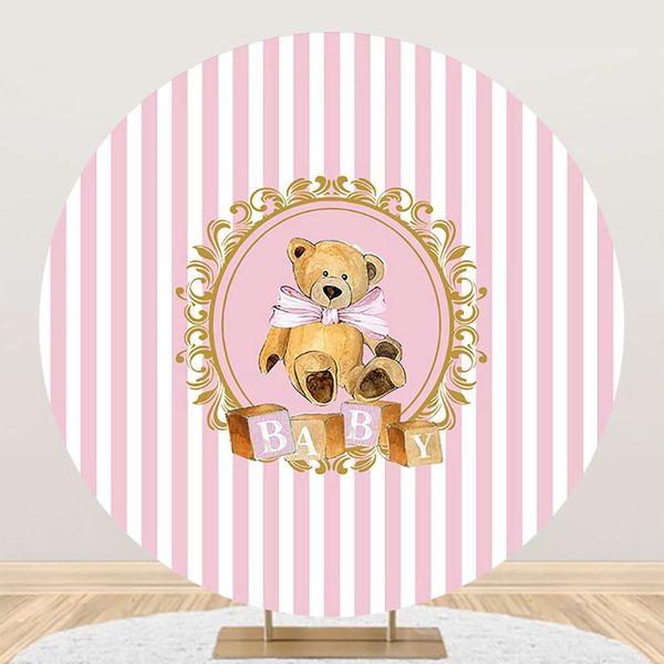 Renaiss 5ft Bear Baby Shower Round Backdrop for Girls Pink White Stripes Photography Background Kids Birthday Party Decoration Cake Table Banner Polyester Photo Studio Props 0