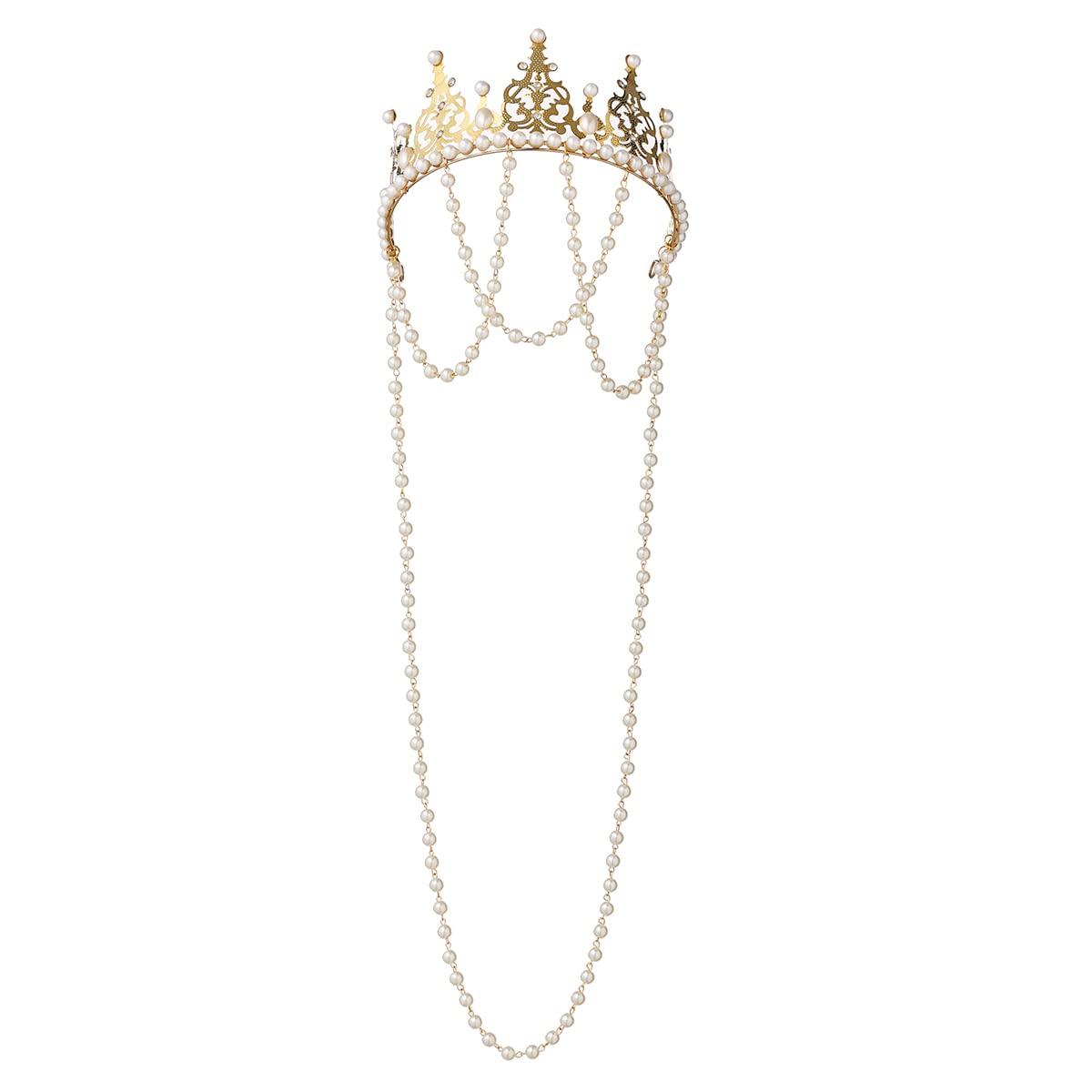 COSDREAMER Women Wedding Crown Tiara Baroque Queen Bead Chain Crown (Gold) (large, Plastic)