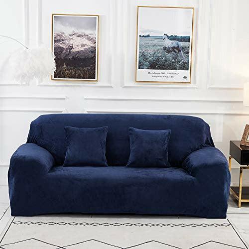 Sinoeem Sofa Covers 1 2 3 4 Seater Velvet (Free 2 pillow cases) Pure Color Sofa Slipcovers Protector Easy Fit Elastic Fabric Stretch Machine Washable Couch Slipcover (4 Seater:235-300cm, Sofa-Blue) 0