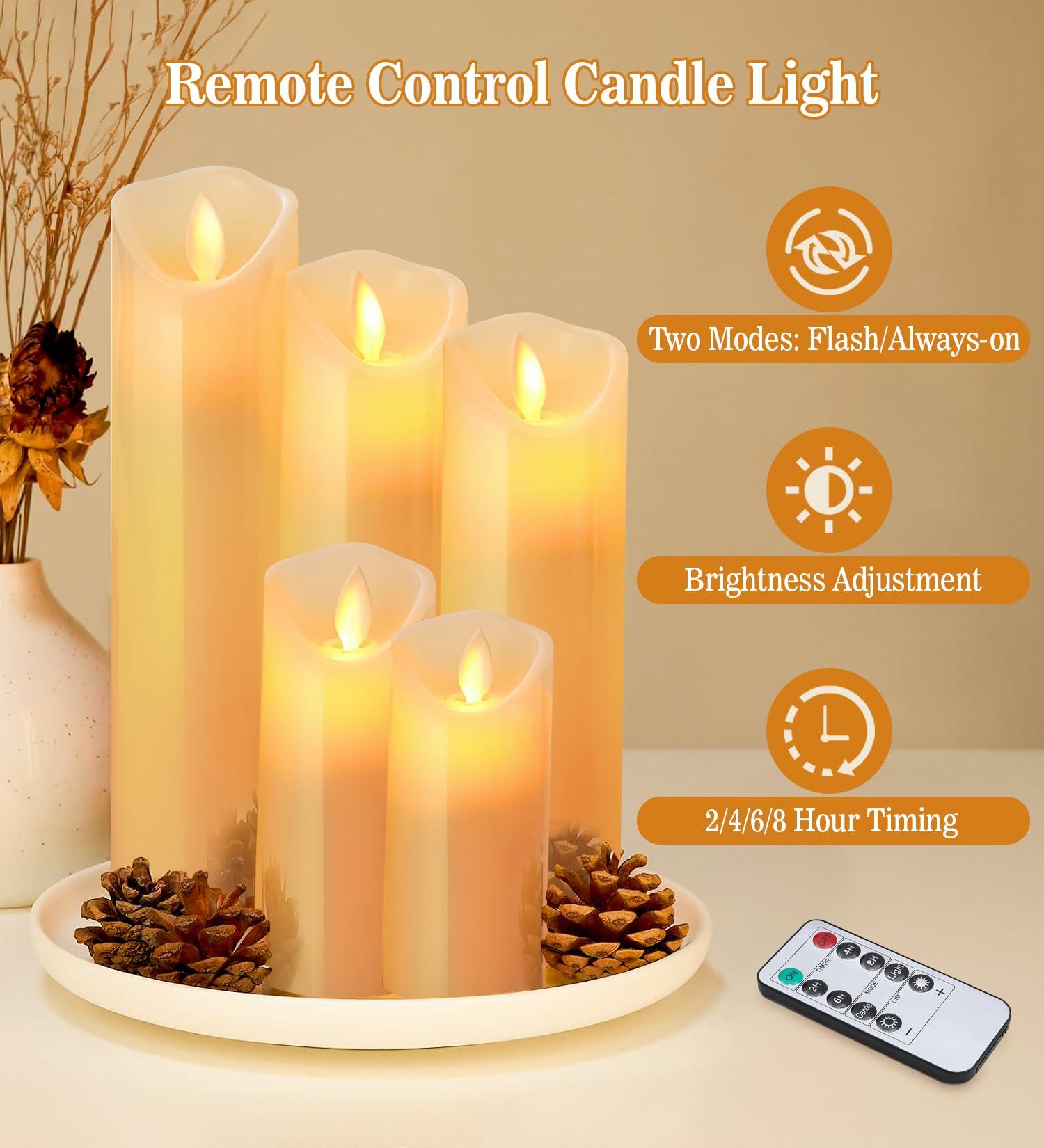 XEMQENER LED Candles, 5PCS Ivory Flameless Candles with Real Wax Candle Pillars, Battery Candles Flickering with Remote Timer Dimmer, Realistic Dancing Flame Fake Candles for Wedding Festival Decor 3