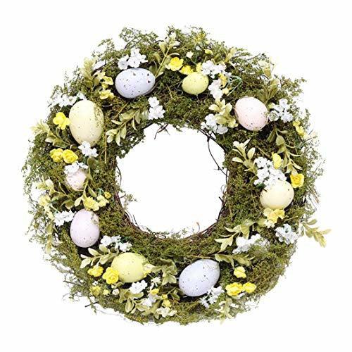 Youngshion 40cm Artificial Front Door Wall Hanging Rattan Easter Wreath Pastel Egg Plant Spring Garland with Mixed Flowers and Twigs for Home Party Decor 0