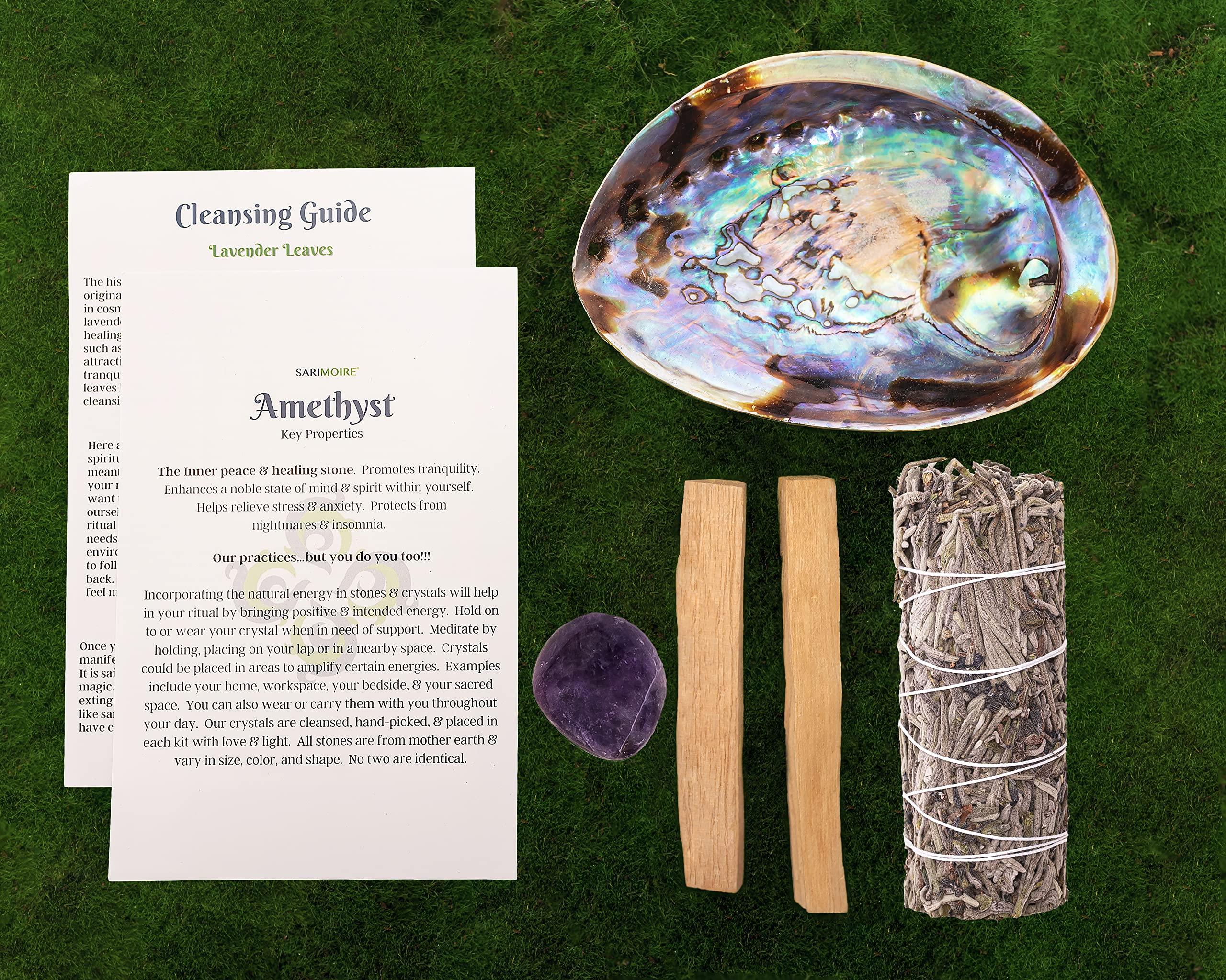 Spiritual Items - Lavender Leaf Smudge Stick ~ Abalone Shell for Smudging ~ Palo Santo Sticks ~ 2 inchTripod Stand ~ 8 inch Feather and White Sand 1