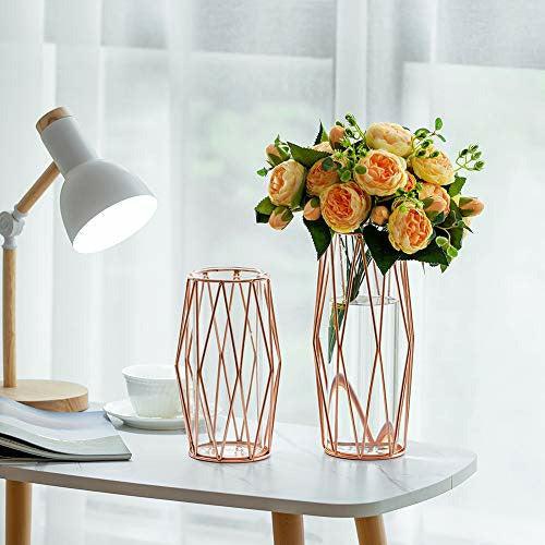 2Pcs/Set Glass Flower Vase with Geometric Metal Rack Stand, Crystal Clear Terrariums Planter, Bud Glass Vases for Flowers Hydroponics Plant, Centerpiece for Home Office Wedding, Rose Gold 3