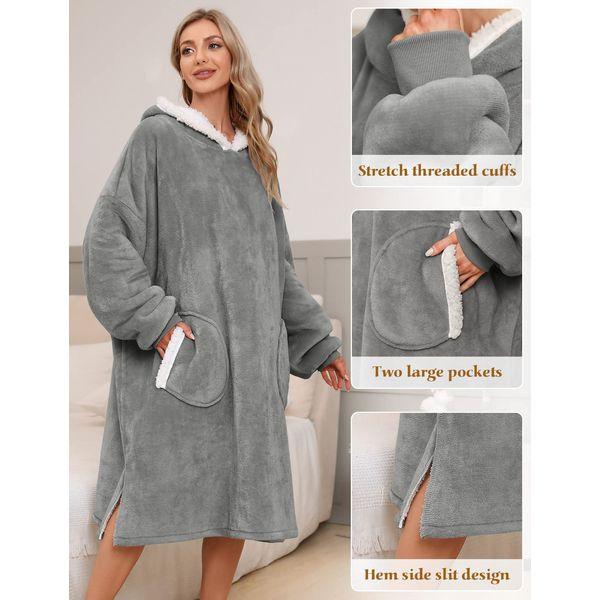 Tuopuda Women Hoodie Blanket Oversized Hoodies Wearable Sherpa Giant Hoodie with Pockets Ultra Soft Warm Fleece Hooded Sweatshirt One Size for All (Deep Grey) 3