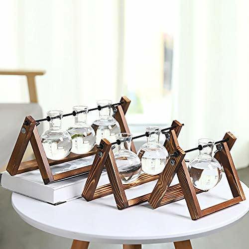 Chenyi Wooden Frame Hydroponics Delicate Vase Plant Terrarium Transparent Glass Vase Holder for Coffee Shop Room Decor (Three heads) 2