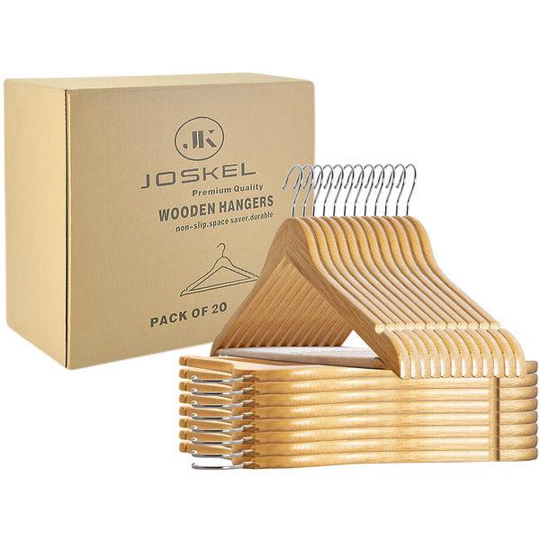 JOSKEL Pack of 20 Wooden Coat Clothes Hangers made with Natural Wood and Non Slip Trouser bar, Extra Smooth Finish, Strong Shoulder Notches