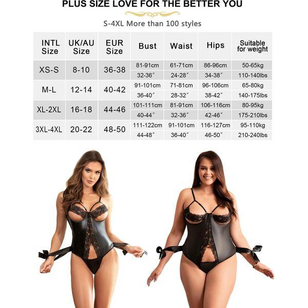 ohyeahlady Sexy Lingerie for Women Sets Naughty Wetlook Pvc Outfits Leather Lace Teddy Bodysuit Plus Size Nightwear with G-String Size UK 8-22 Black 4