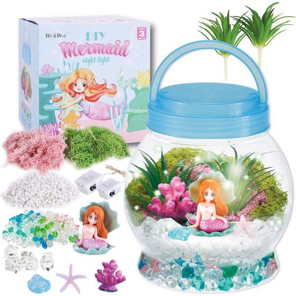 Mermaid Gifts for Girls 3 4 5 6 7 8+Years Old DIY Mermaid Night Light Mermaid Terrarium Kit Toys with Handmade Art Craft and Decoration Festival and Birthday Gifts for Girls