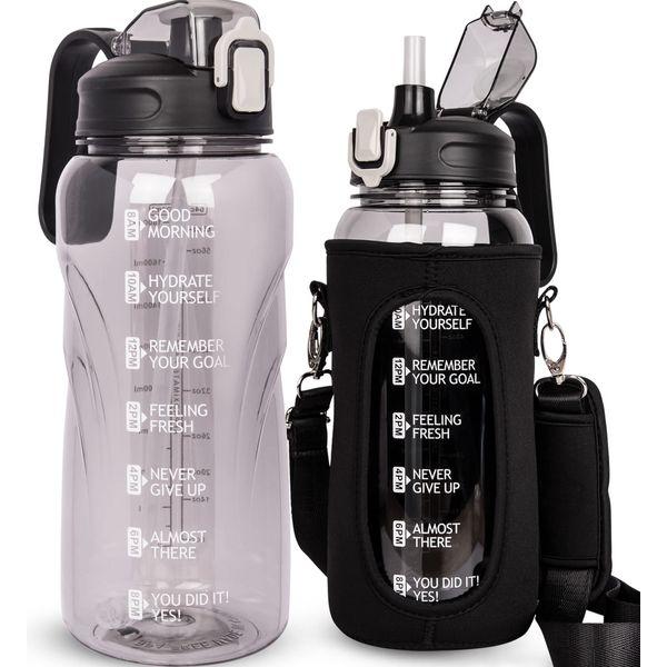 Justfwater 2L Sport Motivational Water Bottle with Straw BPA Free Drinking Bottle 2 Litre with Time Marker for Fitness Gym