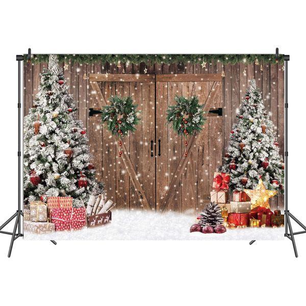 INRUI Christmas Wooden Door Pine Trees Photography Background Glitter Winter Chrisrmas Gift Boxes Family Holiday Party Decoration Backdrop (8x6FT)
