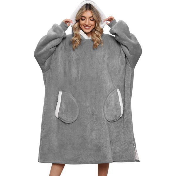Tuopuda Women Hoodie Blanket Oversized Hoodies Wearable Sherpa Giant Hoodie with Pockets Ultra Soft Warm Fleece Hooded Sweatshirt One Size for All (Deep Grey) 0